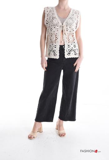 Embroidered sleeveless knitted Cotton Top with bow with v-neck - ph 5