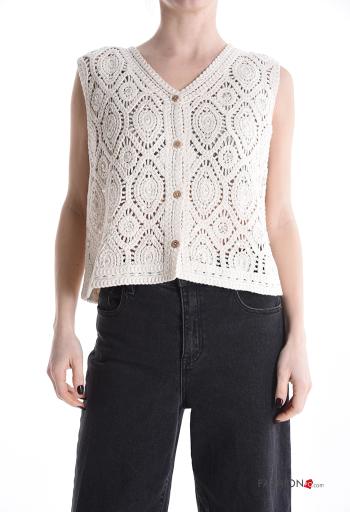 Embroidered sleeveless knitted Cotton Top with buttons with v-neck - ph 1