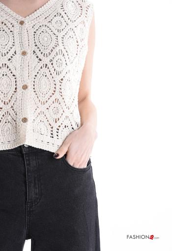 Embroidered sleeveless knitted Cotton Top with buttons with v-neck - ph 4