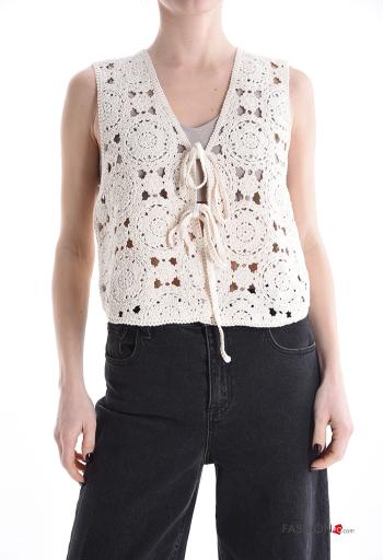 Embroidered sleeveless knitted Cotton Top with bow with v-neck