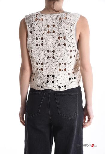 Embroidered sleeveless knitted Cotton Top with bow with v-neck - ph 2
