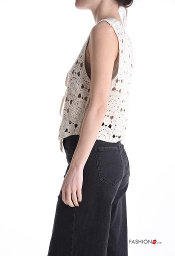 Embroidered sleeveless knitted Cotton Top with bow with v-neck - ph 3