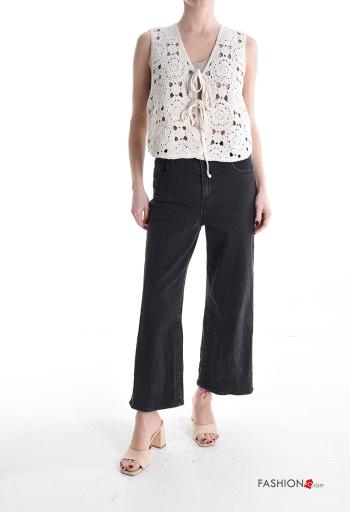 Embroidered sleeveless knitted Cotton Top with bow with v-neck - ph 5
