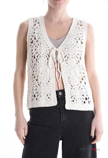 Top in Cotone senza maniche uncinetto Fantasia ricamata con fiocco scollo a V - ph 1