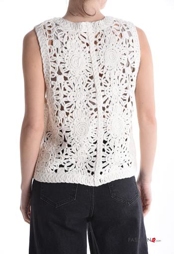 Top in Cotone senza maniche uncinetto Fantasia ricamata con fiocco scollo a V - ph 2