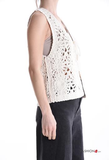 Top in Cotone senza maniche uncinetto Fantasia ricamata con fiocco scollo a V - ph 3