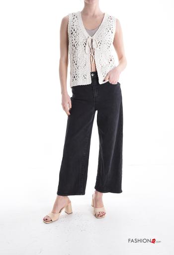 Top in Cotone senza maniche uncinetto Fantasia ricamata con fiocco scollo a V - ph 5