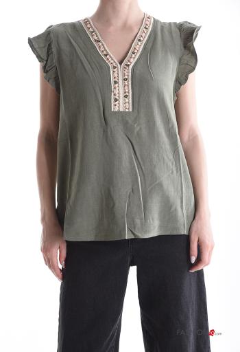 Top in Lino maniche corte maniche volant Fantasia ricamata scollo a V - ph 1