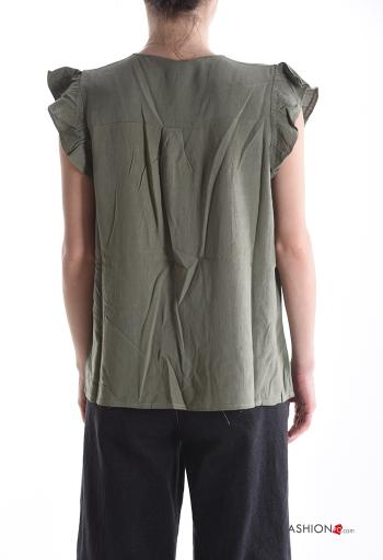 Top in Lino maniche corte maniche volant Fantasia ricamata scollo a V - ph 2