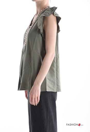 Top in Lino maniche corte maniche volant Fantasia ricamata scollo a V - ph 3