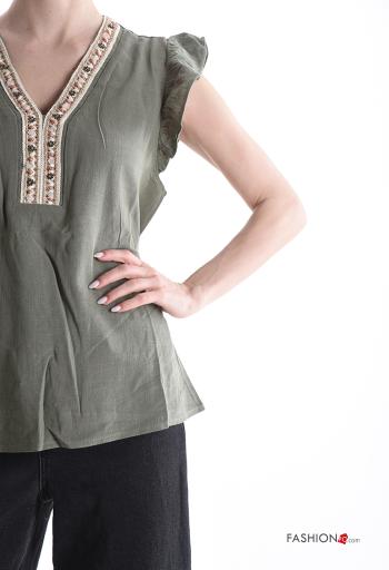 Top in Lino maniche corte maniche volant Fantasia ricamata scollo a V - ph 4