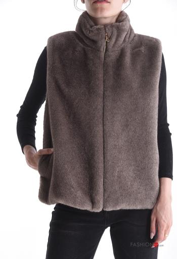 Smanicato pelliccia sintetica con fodera a collo alto con zip