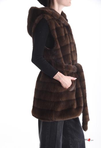 Smanicato pelliccia sintetica con fodera con cappuccio con cintura con bottoni - ph 3