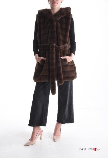 Smanicato pelliccia sintetica con fodera con cappuccio con cintura con bottoni - ph 5