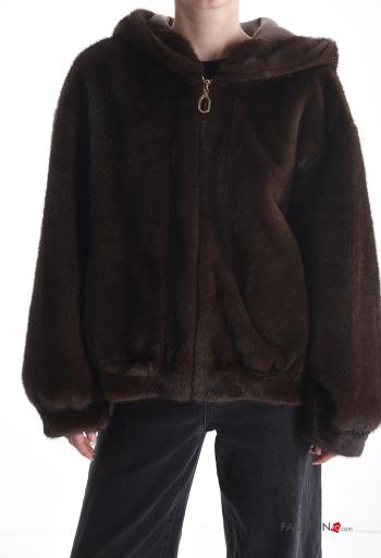 Giacca pelliccia sintetica con zip con tasche con cappuccio