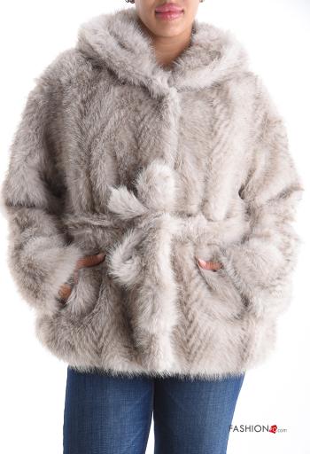 Giacca pelliccia sintetica con fodera con tasche con cintura con bottoni