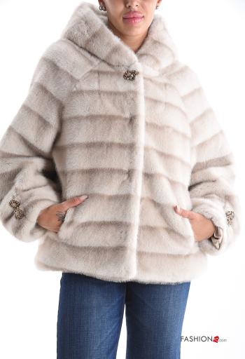 Giacca pelliccia sintetica con fodera con cappuccio con bottoni con tasche