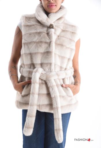 Smanicato pelliccia sintetica con fodera con strass con tasche con cintura a collo alto con bottoni - ph 1