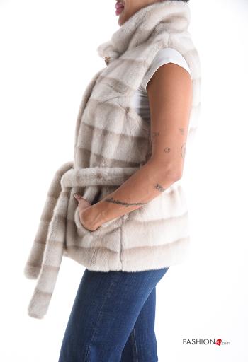 Smanicato pelliccia sintetica con fodera con strass con tasche con cintura a collo alto con bottoni - ph 3