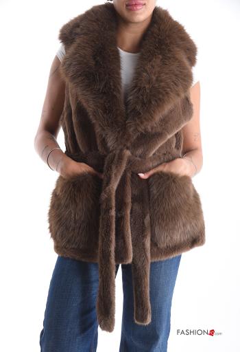 faux fur Gilet with belt without lining with buttons with pockets