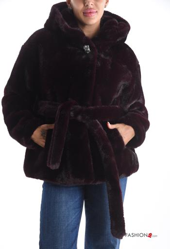 Veste fourrure synthétique à capuche avec strass avec doublure avec ceinture à boutons - ph 1