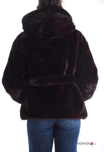 Veste fourrure synthétique à capuche avec strass avec doublure avec ceinture à boutons - ph 2