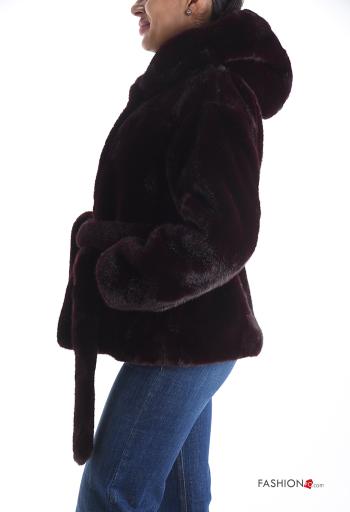 Veste fourrure synthétique à capuche avec strass avec doublure avec ceinture à boutons - ph 3
