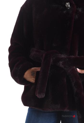 Veste fourrure synthétique à capuche avec strass avec doublure avec ceinture à boutons - ph 4