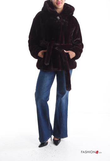 Veste fourrure synthétique à capuche avec strass avec doublure avec ceinture à boutons - ph 5