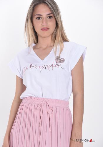 T-shirt in Cotone  scollo a V Fantasia scritta - ph 1