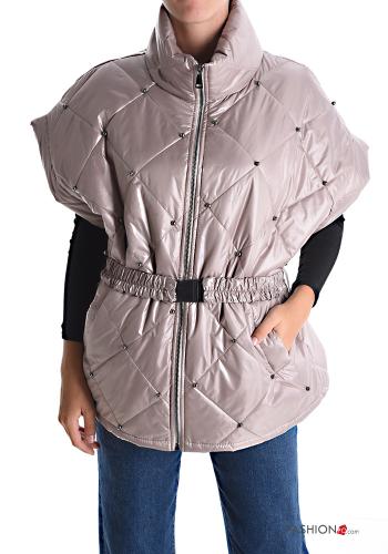 Piumino maniche corte trapuntato con cintura con borchie con zip con tasche - ph 1