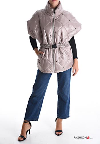 Piumino maniche corte trapuntato con cintura con borchie con zip con tasche - ph 5