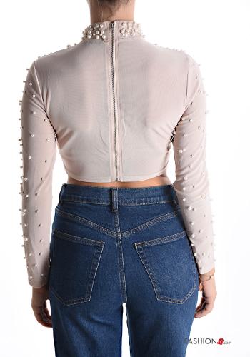 Top maniche lunghe con perle a collo alto con zip - ph 2