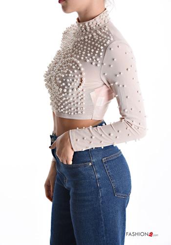 Top maniche lunghe con perle a collo alto con zip - ph 3