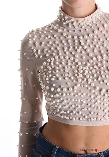 Top maniche lunghe con perle a collo alto con zip - ph 4