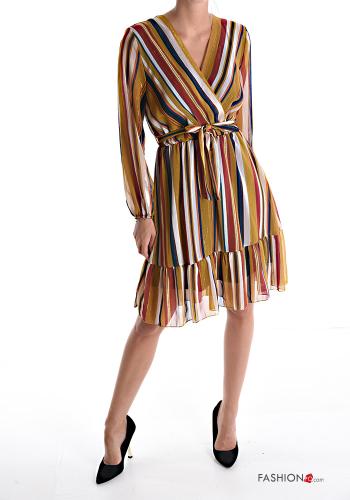 Striped lurex knee-length Dress with flounces with sash with v-neck