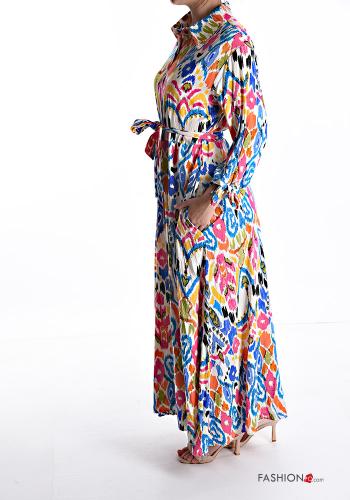 Robe chemise longue Imprimé coloré manches à trois-quarts avec poches à volants avec ceinture écharpe - ph 3