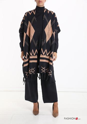 Poncho in Cotone maniche corte Fantasia geometrica con frange - ph 1