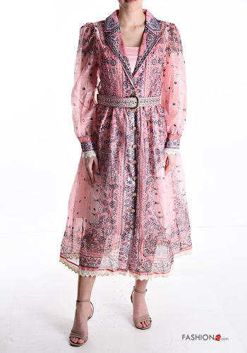 Mix Muster lange ärmel mit kragen Kleid aus Baumwolle mit Gürtel mit Futter mit Knöpfen - ph 1