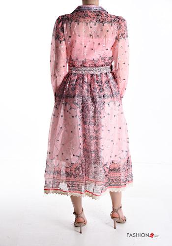 Mix Muster lange ärmel mit kragen Kleid aus Baumwolle mit Gürtel mit Futter mit Knöpfen - ph 2