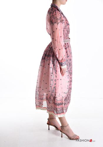 Mix Muster lange ärmel mit kragen Kleid aus Baumwolle mit Gürtel mit Futter mit Knöpfen - ph 3