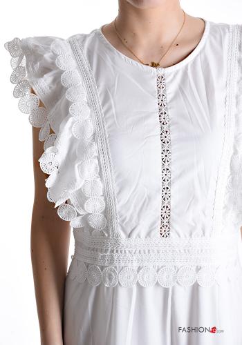 Abito in Lino girocollo pizzo maniche corte Fantasia ricamata con balze con zip - ph 4