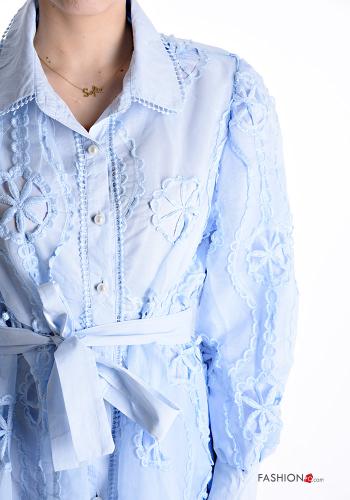 Besticktes Muster Spitze- mit kragen lange ärmel Kleid aus Seide mit Knöpfen mit stoffgürtel - ph 4