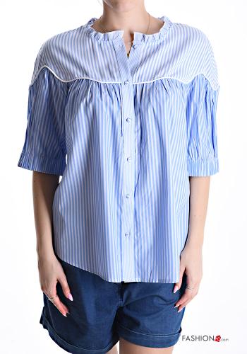 Chemise en Coton manches courtes col rond Imprimé à rayures à boutons - ph 1