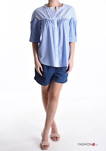 Chemise en Coton manches courtes col rond Imprimé à rayures à boutons - ph 5