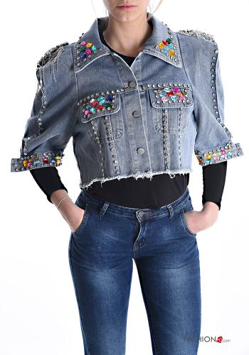 Giacca in Cotone denim corto maniche a tre quarti con strass con bottoni con tasche - ph 1
