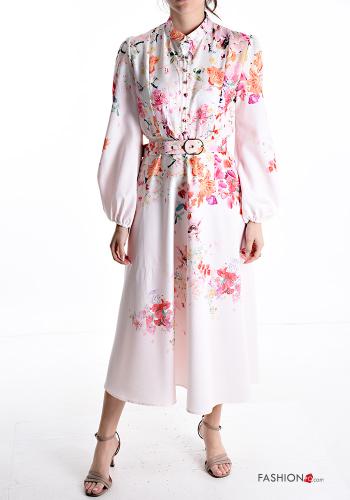 Floral long sleeve Linen Dress with belt with buttons - ph 1
