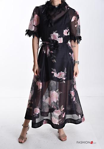Vestido em Linho manga curta chiffon Floral com gola subida com forro com cinto de tecido - ph 1