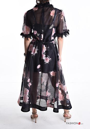 Vestido em Linho manga curta chiffon Floral com gola subida com forro com cinto de tecido - ph 2
