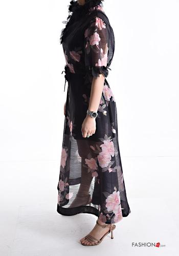 Vestido em Linho manga curta chiffon Floral com gola subida com forro com cinto de tecido - ph 3